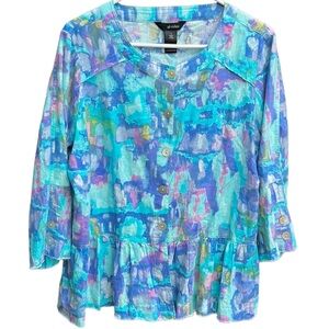 NWT Ali Miles Button Front Linen Blend Floral Top Size Lg, turquoise, blue, pink